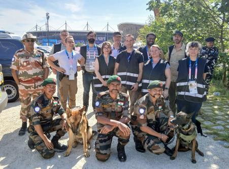 Assam Rifles K9 Elite Explosive Detection team along with Josh (Belgian Malinois) and Tang (GSD) deployed for critical Anti-Sabotage check duties at the Paris Olympics 2024, on Wednesday.