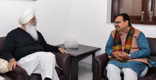 Rajasthan Chief Minister Bhajanlal Sharma meets Radha Soami Satsang Beas Chief Baba Gurinder Singh Dhillon, at Radha Soami Satsang Beas Bilwa, in Jaipur. 